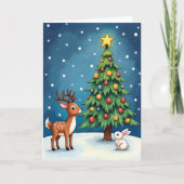 雪のクリスマスの鹿とウサギ カード (正面)