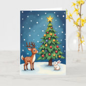 雪のクリスマスの鹿とウサギ カード (黄色い花)