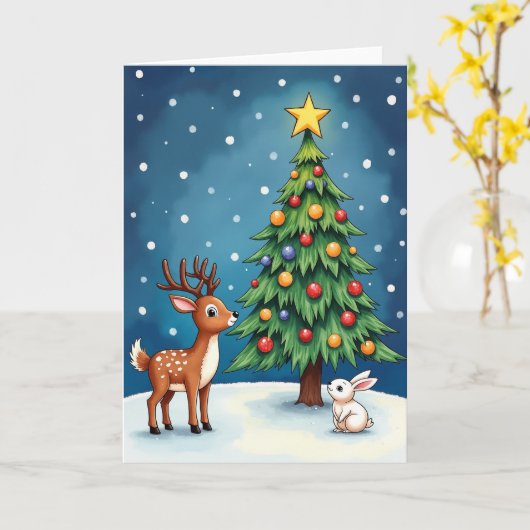雪のクリスマスの鹿とウサギ カード (黄色い花)