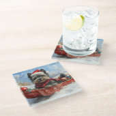 雪のクリスマスを許すそりにアフェンピンシャー犬 ガラスコースター (アングル)