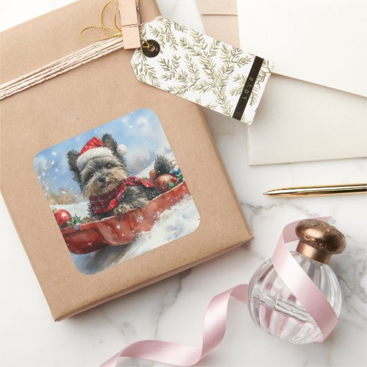 雪のクリスマスを許すそりにアフェンピンシャー犬 スクエアシール (ギフト)