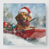 雪のクリスマスを許すそりにダックスシュント犬 スクエア壁時計 (正面)