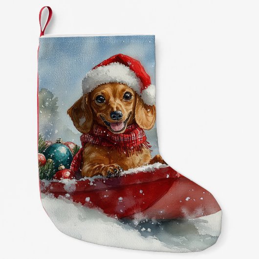 雪のクリスマスを許すそりにダックスシュント犬 スモールクリスマスストッキング (正面)