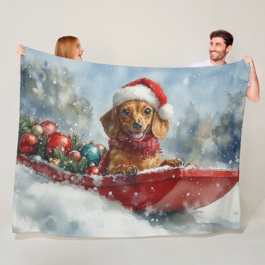 雪のクリスマスを許すそりにダックスシュント犬 フリースブランケット (インサイチュ)