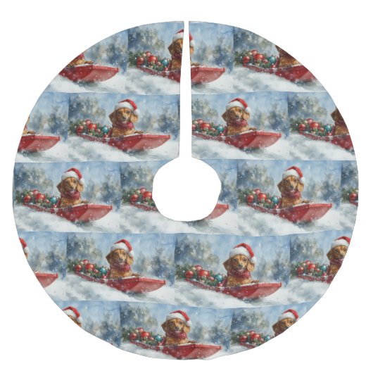 雪のクリスマスを許すそりにダックスシュント犬 ブラッシュドポリエステルツリースカート (正面)