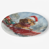 雪のクリスマスを許すそりにダックスシュント犬 ペーパープレート (アングル)