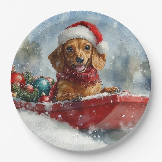 雪のクリスマスを許すそりにダックスシュント犬 ペーパープレート (正面)
