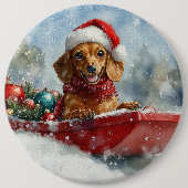 雪のクリスマスを許すそりにダックスシュント犬 缶バッジ (正面)