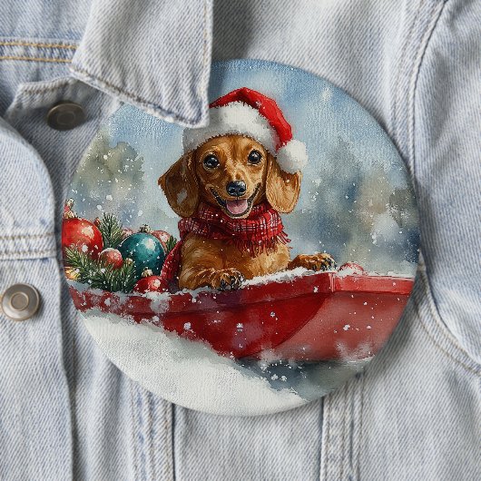 雪のクリスマスを許すそりにダックスシュント犬 缶バッジ (インサイチュ)