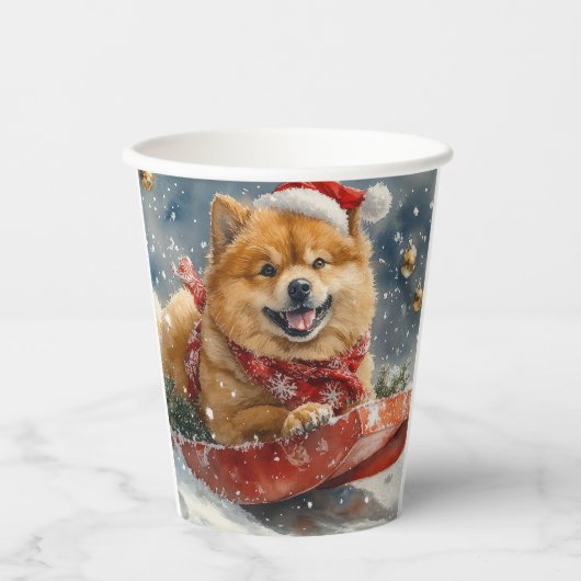 雪のクリスマスを許すそりにチョウの犬 紙コップ (正面)