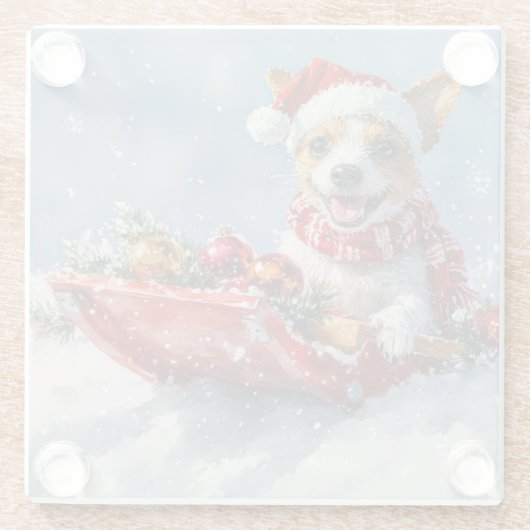 雪のクリスマスを許すそりにネズミのテリア犬 ガラスコースター (裏面)