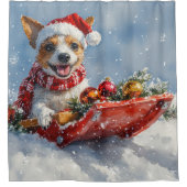 雪のクリスマスを許すそりにネズミのテリア犬 シャワーカーテン (正面)