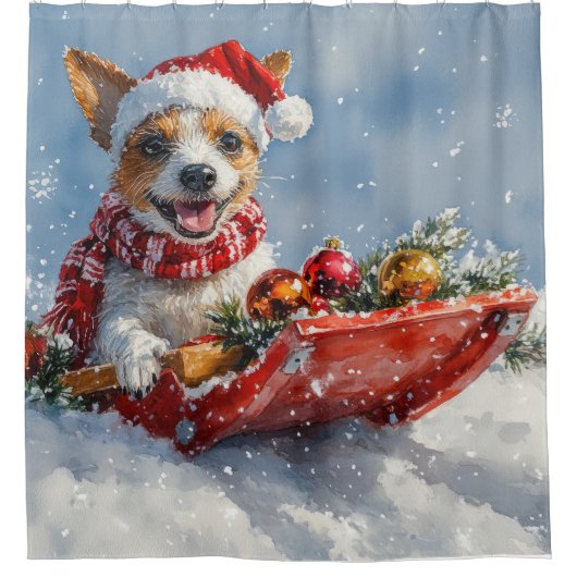 雪のクリスマスを許すそりにネズミのテリア犬 シャワーカーテン (正面)