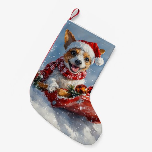 雪のクリスマスを許すそりにネズミのテリア犬 スモールクリスマスストッキング (正面 (吊り時))