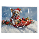 雪のクリスマスを許すそりにネズミのテリア犬 ラージペーパーバッグ (裏面)