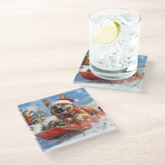 雪のクリスマスを許すそりにベルギーのマリノイ ガラスコースター (アングル)
