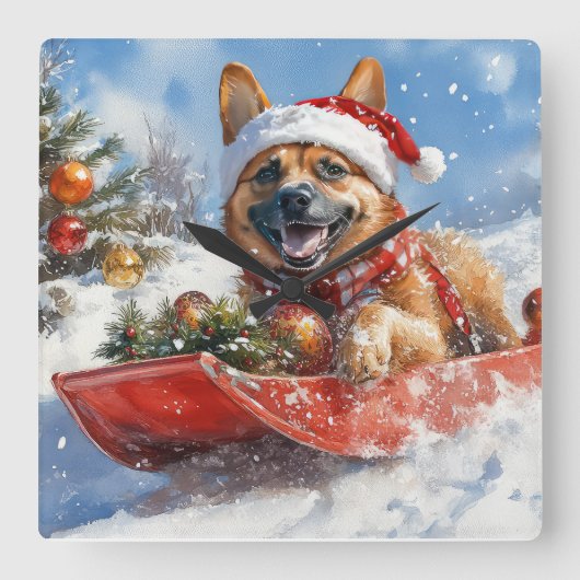 雪のクリスマスを許すそりにベルギーのマリノイ スクエア壁時計 (正面)