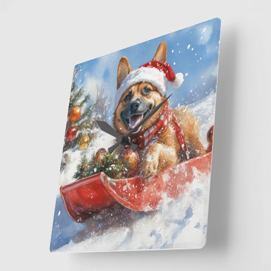 雪のクリスマスを許すそりにベルギーのマリノイ スクエア壁時計 (傾斜)