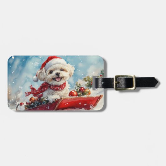 雪のクリスマスを許すそりにモルティTzu犬 ラゲッジタグ (正面横)