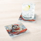 雪のクリスマスを許すそりのアラスカンマレー ガラスコースター (アングル)