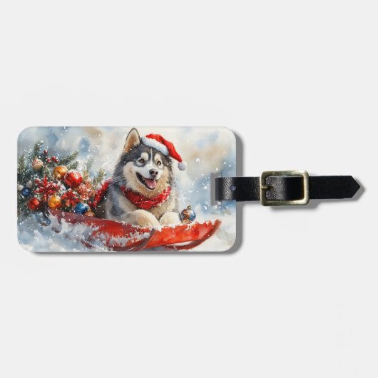 雪のクリスマスを許すそりのアラスカンマレー ラゲッジタグ (正面横)