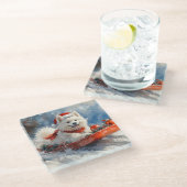 雪のクリスマスを許すそりのサモイド犬 ガラスコースター (アングル)