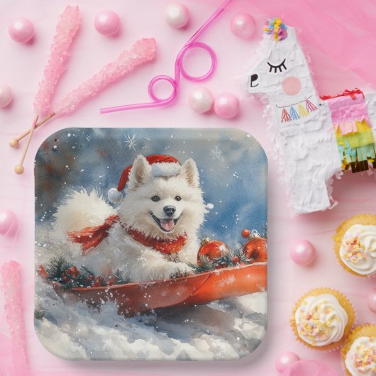 雪のクリスマスを許すそりのサモイド犬 ペーパープレート (パーティー)