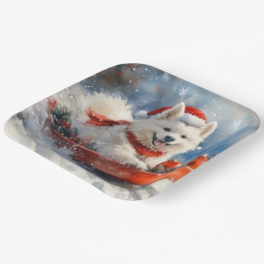 雪のクリスマスを許すそりのサモイド犬 ペーパープレート (傾斜あり)
