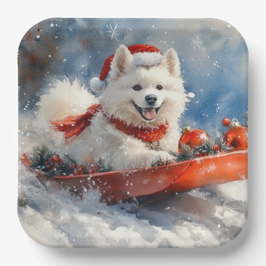 雪のクリスマスを許すそりのサモイド犬 ペーパープレート (正面)