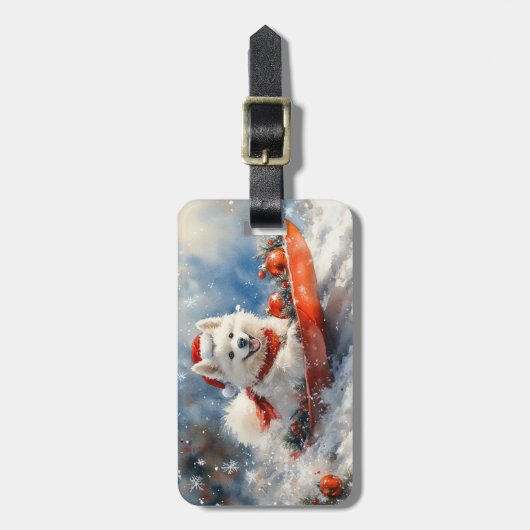 雪のクリスマスを許すそりのサモイド犬 ラゲッジタグ (正面縦)