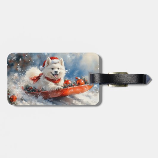 雪のクリスマスを許すそりのサモイド犬 ラゲッジタグ (裏面横)