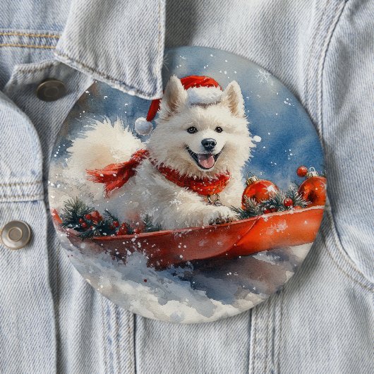 雪のクリスマスを許すそりのサモイド犬 缶バッジ (インサイチュ)