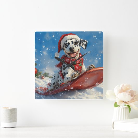 雪のクリスマスを許すそりのダルマチア犬 スクエア壁時計 (ホーム)