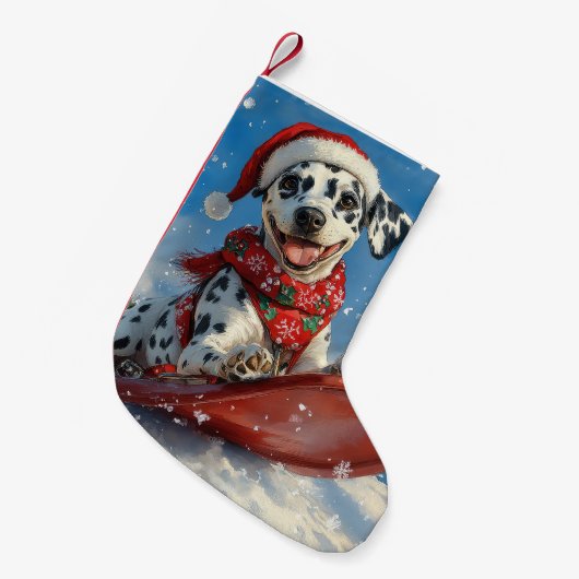 雪のクリスマスを許すそりのダルマチア犬 スモールクリスマスストッキング (正面 (吊り時))