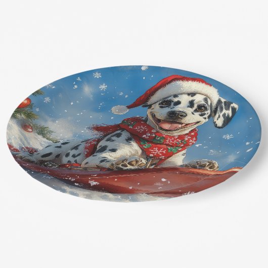 雪のクリスマスを許すそりのダルマチア犬 ペーパープレート (アングル)