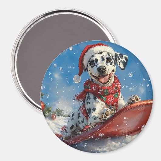 雪のクリスマスを許すそりのダルマチア犬 マグネット (正面/裏面)