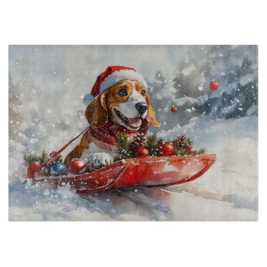 雪のクリスマスを許すそりのバスセットハウンド犬 カッティングボード (正面)