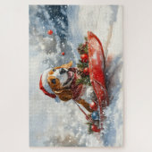 雪のクリスマスを許すそりのバスセットハウンド犬 ジグソーパズル (縦)