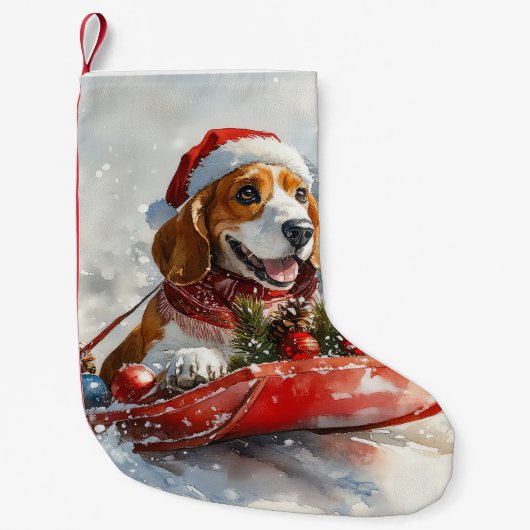 雪のクリスマスを許すそりのバスセットハウンド犬 スモールクリスマスストッキング (正面)