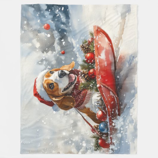 雪のクリスマスを許すそりのバスセットハウンド犬 フリースブランケット (正面)