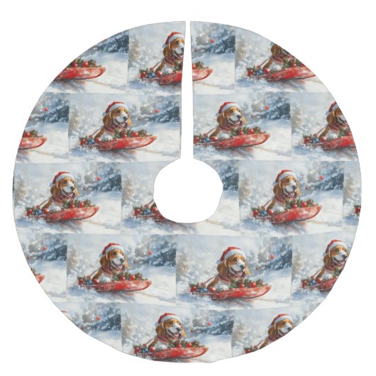 雪のクリスマスを許すそりのバスセットハウンド犬 ブラッシュドポリエステルツリースカート (正面)