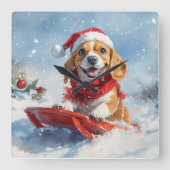 雪のクリスマスを許すそりのビーグル犬 スクエア壁時計 (正面)