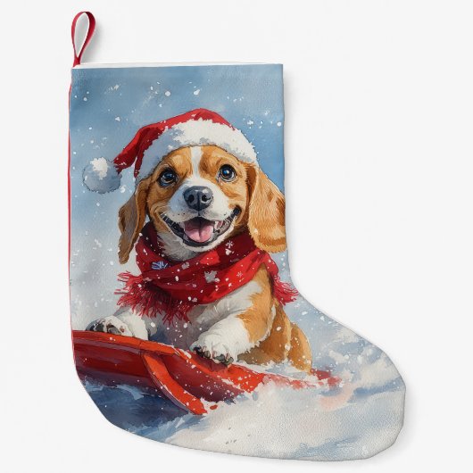 雪のクリスマスを許すそりのビーグル犬 スモールクリスマスストッキング (正面)