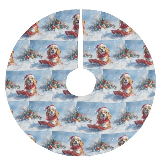 雪のクリスマスを許すそりのビーグル犬 ブラッシュドポリエステルツリースカート (正面)