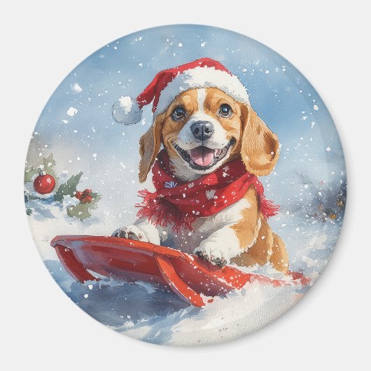 雪のクリスマスを許すそりのビーグル犬 マグネット (正面)