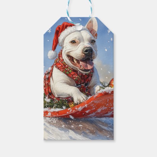 雪のクリスマスを許すそりのブルテリア犬 ギフトタグ (正面)