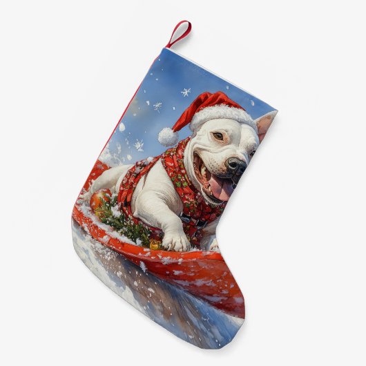 雪のクリスマスを許すそりのブルテリア犬 スモールクリスマスストッキング (正面 (吊り時))