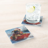 雪のクリスマスを許すそりのブルマスティフ犬 ガラスコースター (アングル)