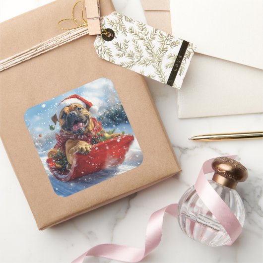 雪のクリスマスを許すそりのブルマスティフ犬 スクエアシール (ギフト)
