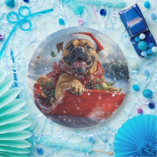 雪のクリスマスを許すそりのブルマスティフ犬 ペーパープレート (パーティー)